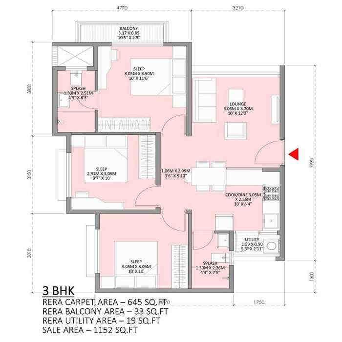 3 BHK floor plan, Godrej Royale Woods