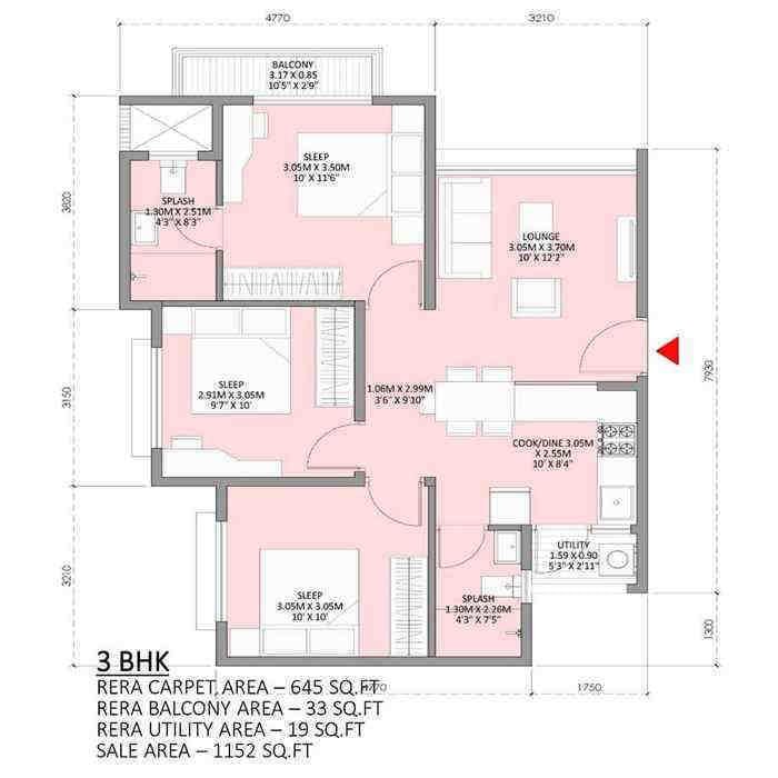 3 BHK floor plan, Godrej Royale Woods