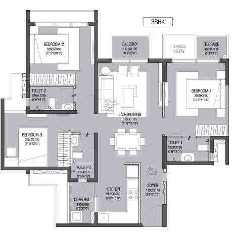 3 BHK floor plan, Godrej Eternity