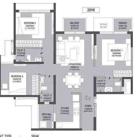 3 BHK floor plan, Godrej Eternity