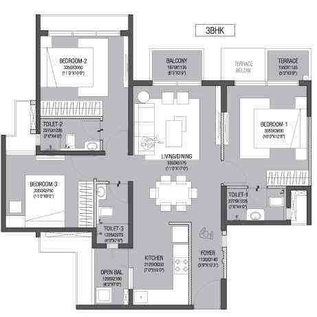 3 BHK floor plan, Godrej Life Plus