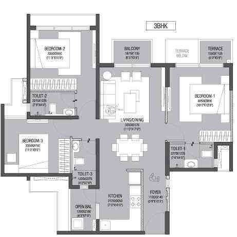3 BHK floor plan, Godrej Life Plus