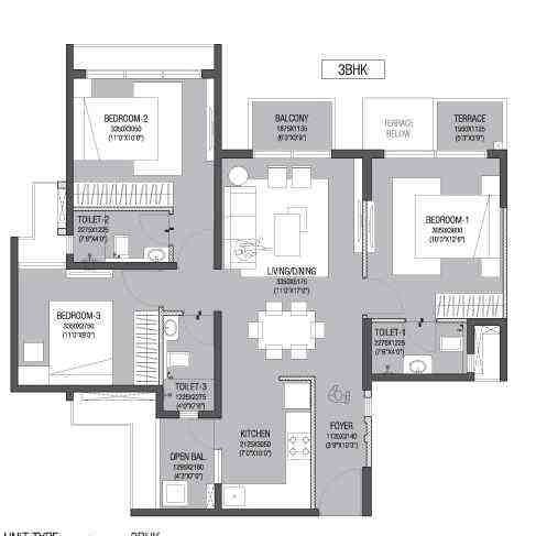 3 BHK floor plan, Godrej Avenues