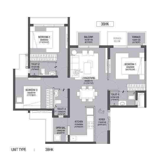 3 BHK floor plan, Godrej Avenues