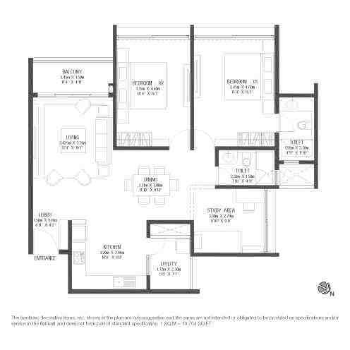 3 BHK floor plan, Godrej Reflections