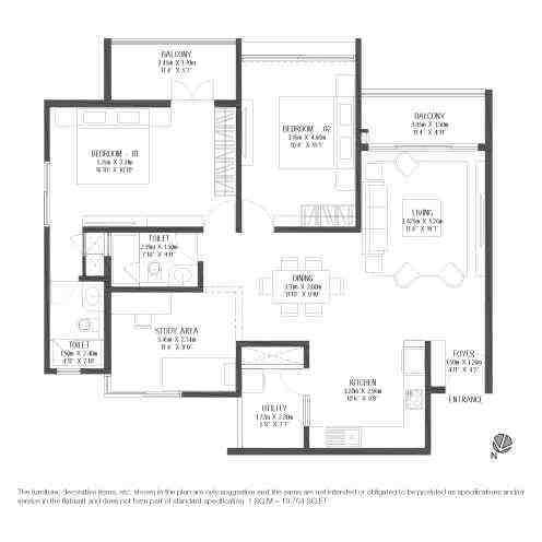 3 BHK floor plan, Godrej Reflections
