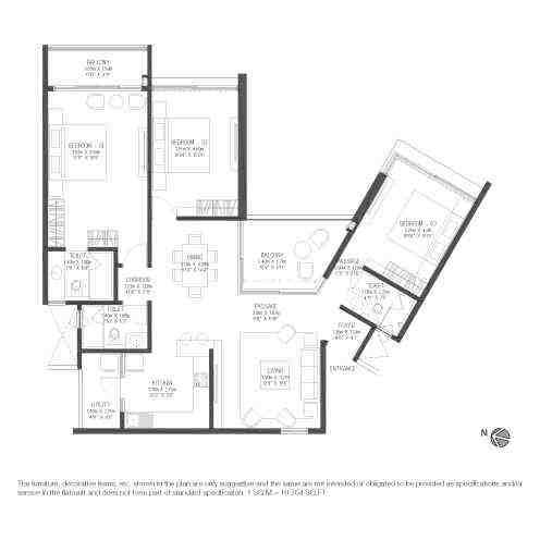 3 BHK floor plan, Godrej Reflections