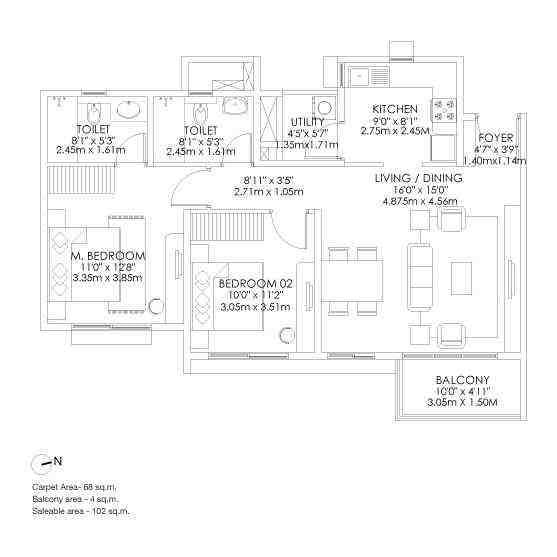 2 BHK floor plan, Godrej Aqua