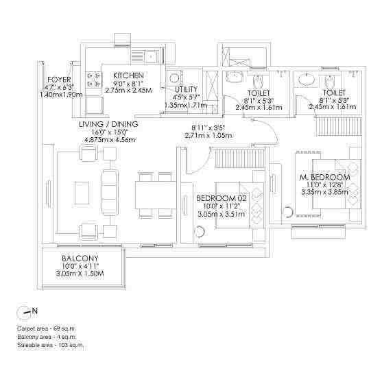 2 BHK floor plan, Godrej Aqua