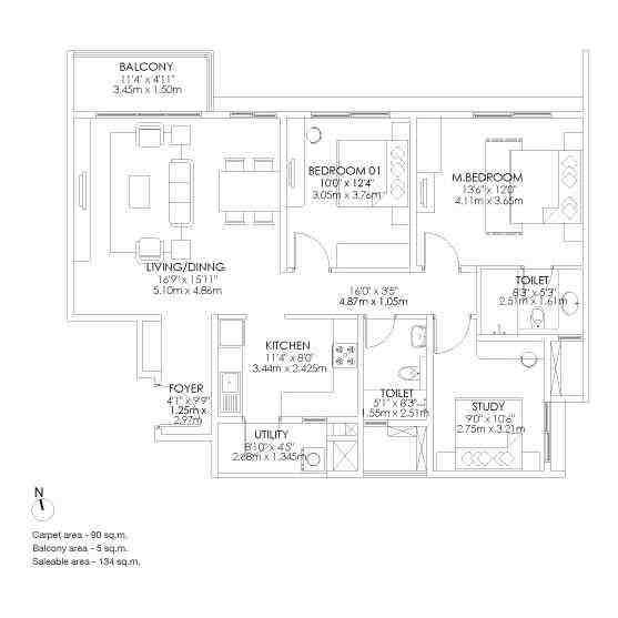 3 BHK floor plan, Godrej Aqua