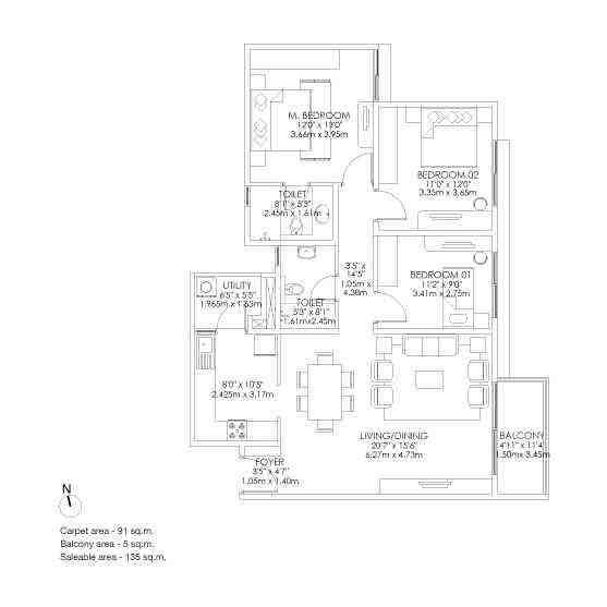 3 BHK floor plan, Godrej Aqua
