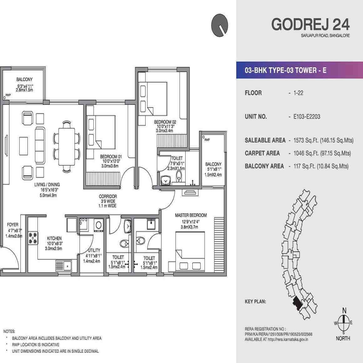 3 BHK floor plan, Godrej 24