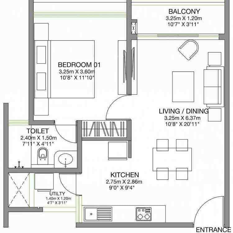 1 BHK floor plan, Godrej Lake Gardens