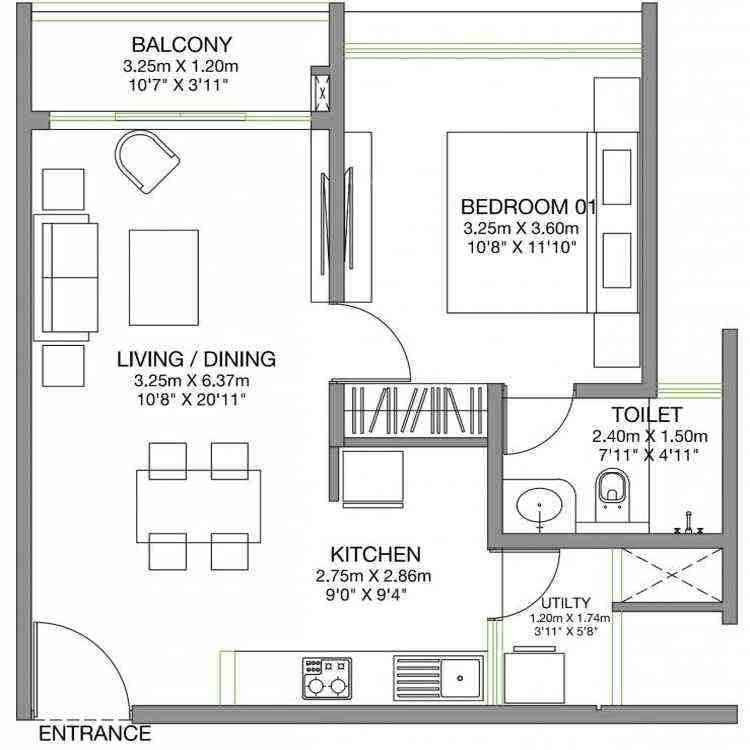 1 BHK floor plan, Godrej Lake Gardens