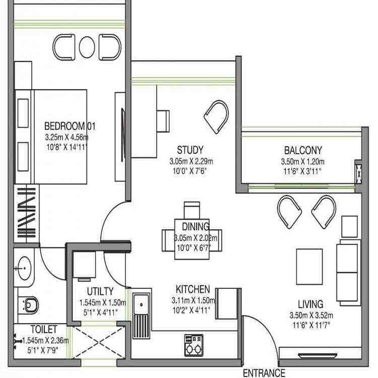 1 BHK floor plan, Godrej Lake Gardens