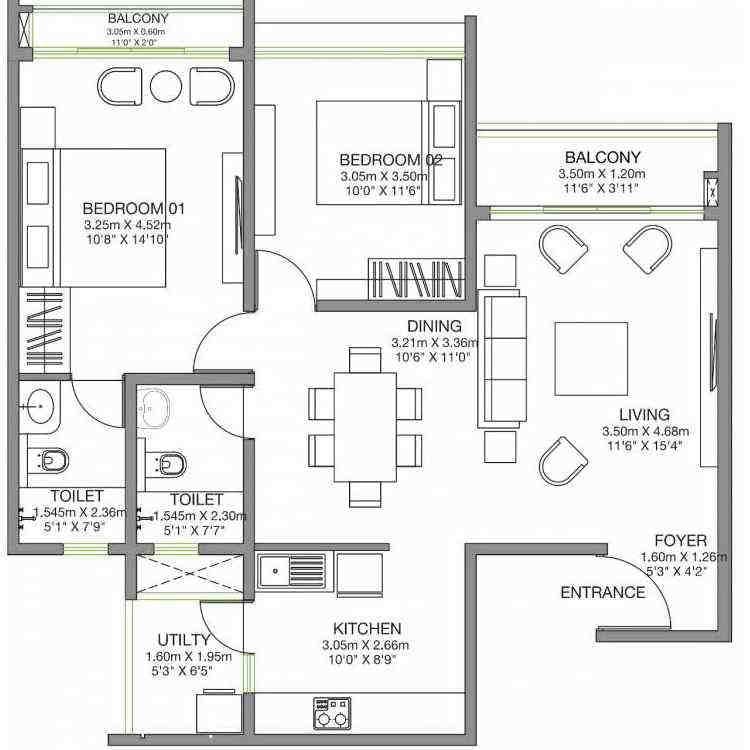 2 BHK floor plan, Godrej Lake Gardens