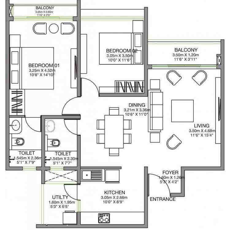 2 BHK floor plan, Godrej Lake Gardens