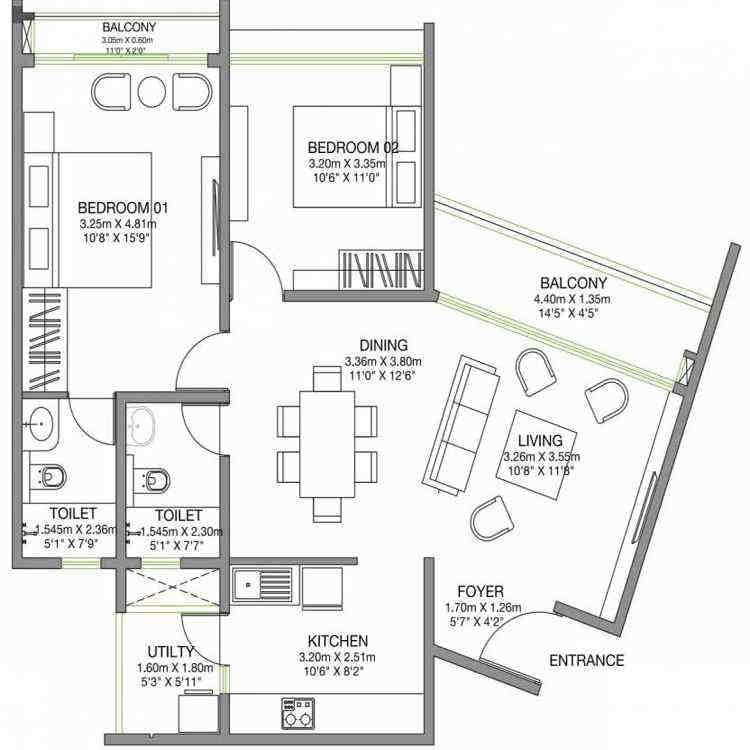 2 BHK floor plan, Godrej Lake Gardens