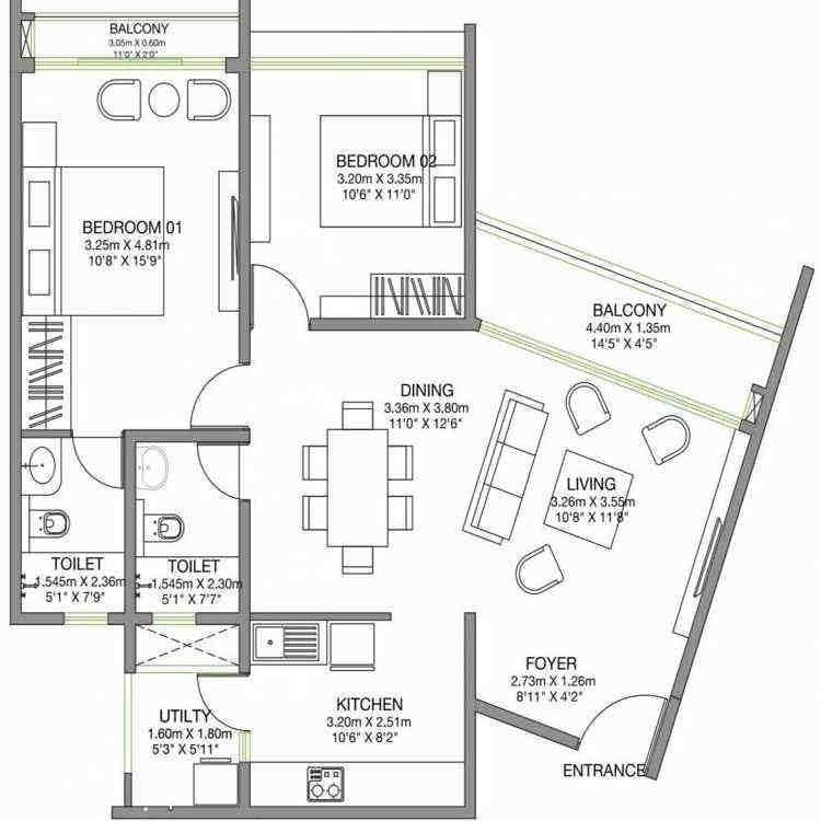 2 BHK floor plan, Godrej Lake Gardens