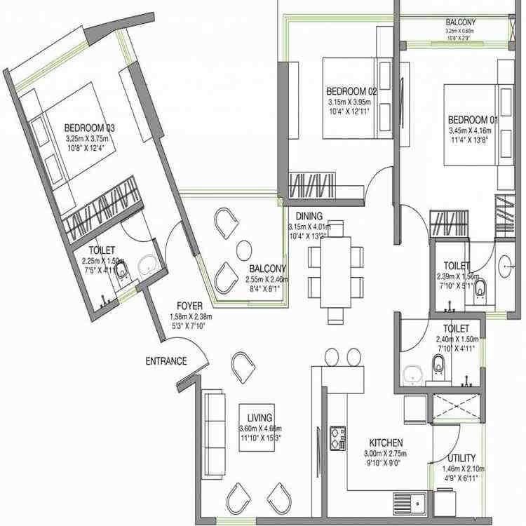 3 BHK floor plan, Godrej Lake Gardens