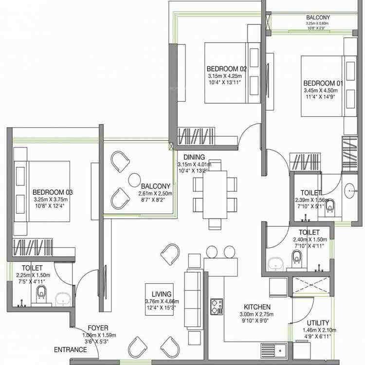 3 BHK floor plan, Godrej Lake Gardens