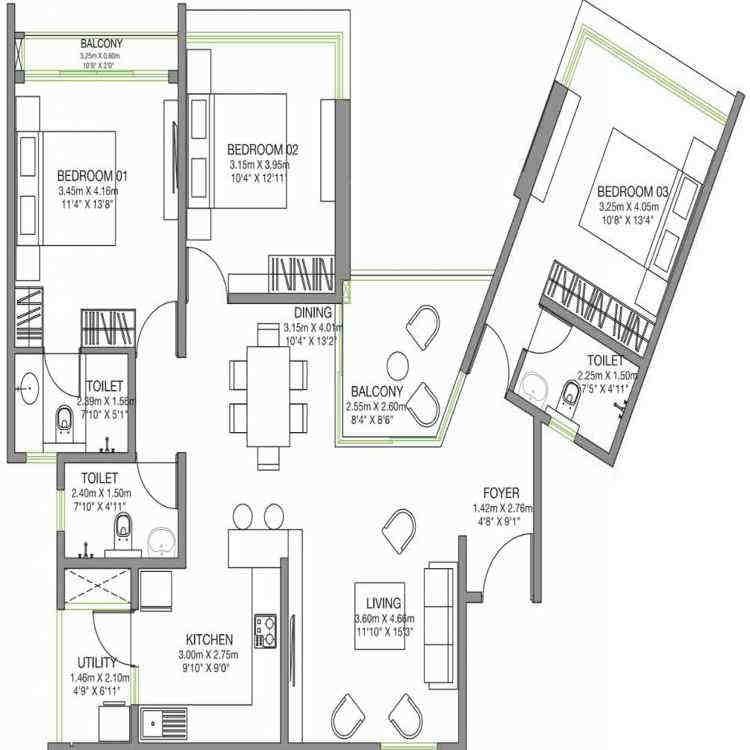 3 BHK floor plan, Godrej Lake Gardens
