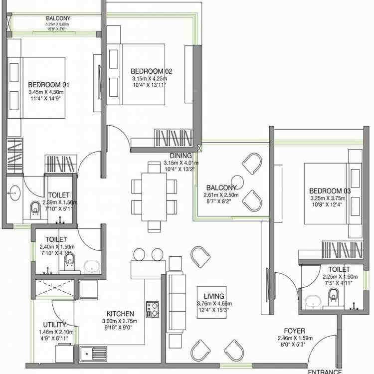 3 BHK floor plan, Godrej Lake Gardens