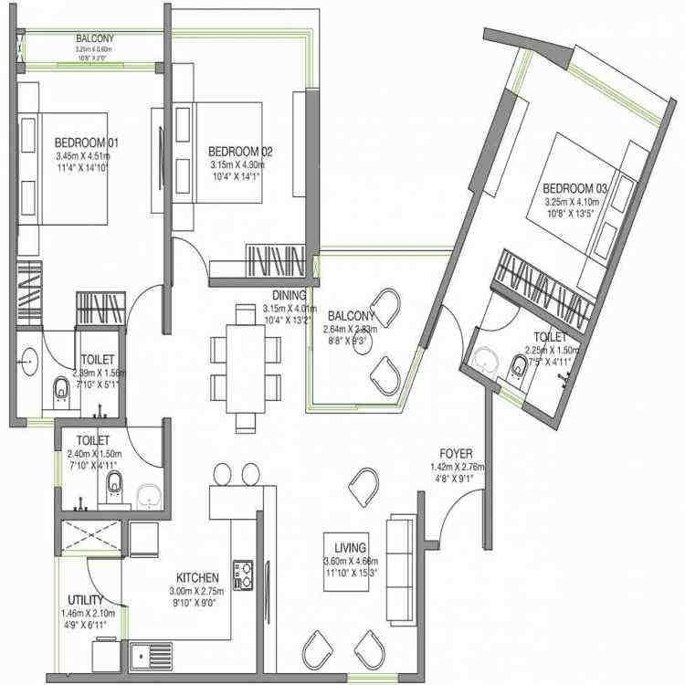 3 BHK floor plan, Godrej Lake Gardens