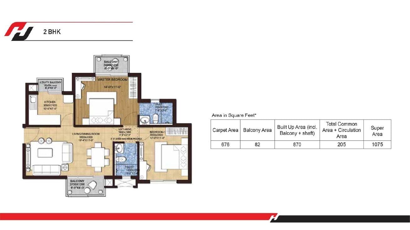 2 BHK floor plan, Hero Homes Ludhiana Phase 1