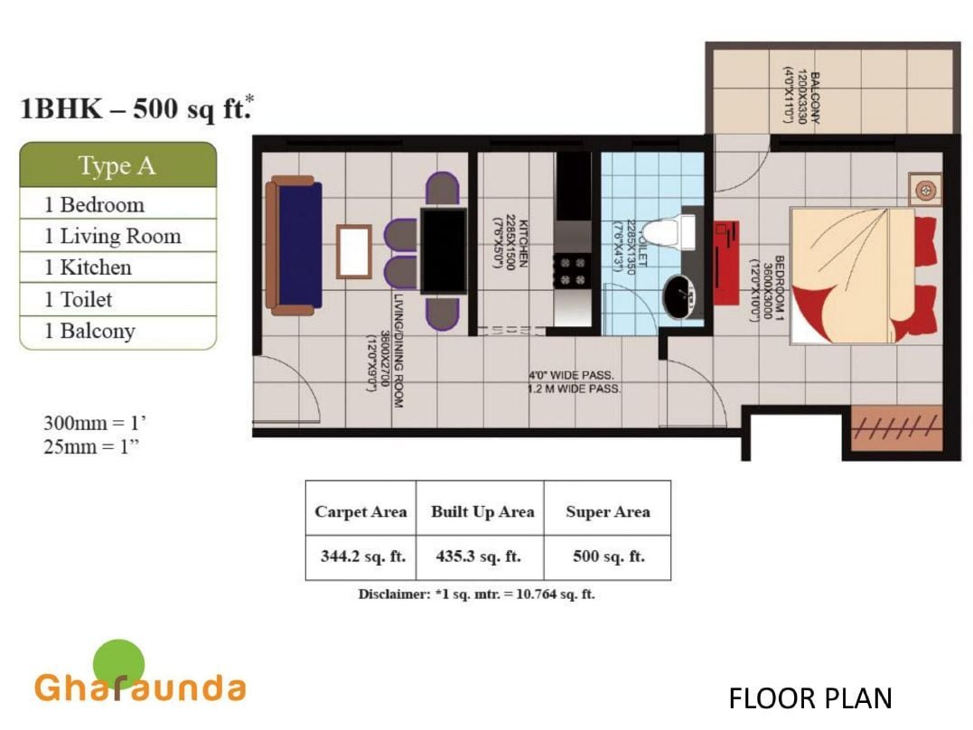 1 BHK floor plan, Hero Homes Gharaunda Haridwar