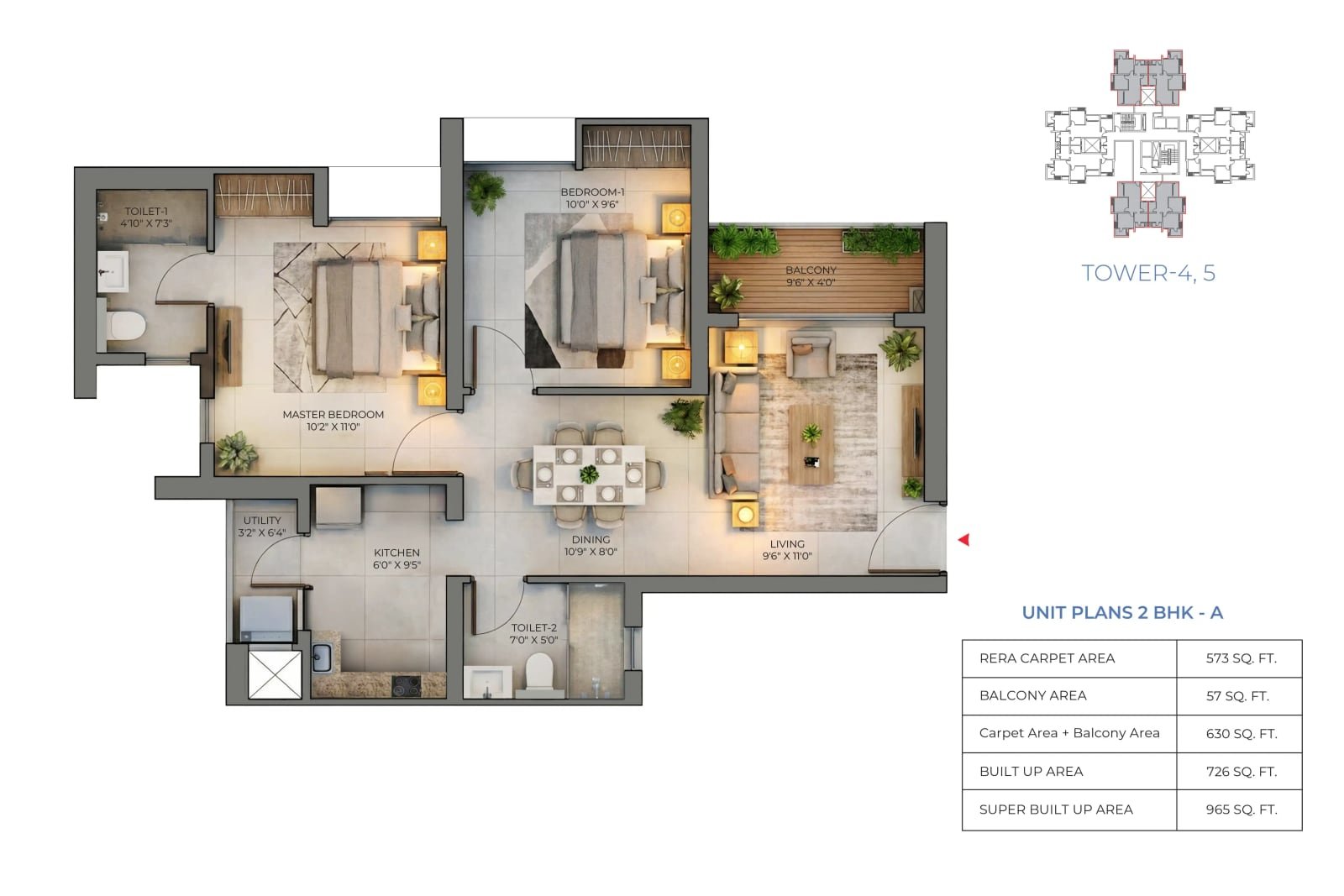 2 BHK floor plan, DTC Downtown