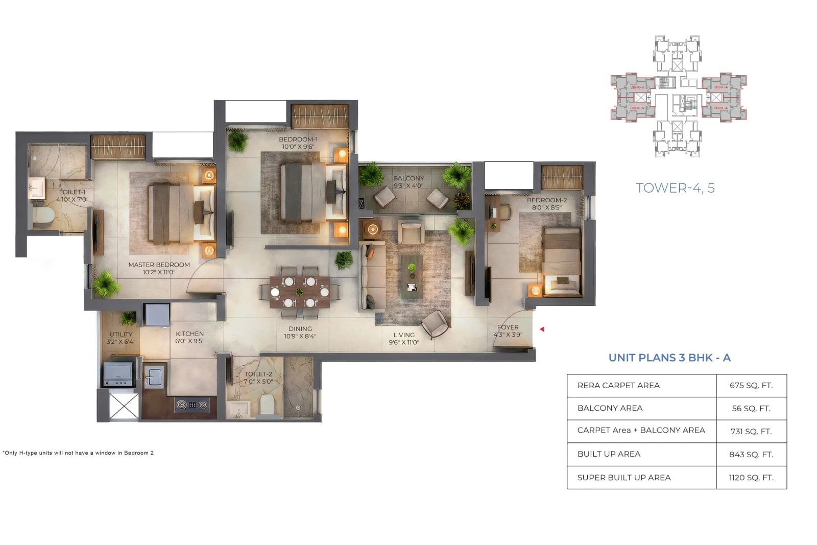 3 BHK floor plan, DTC Downtown
