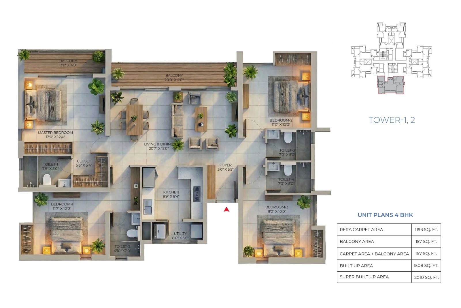 4 BHK floor plan, DTC Downtown