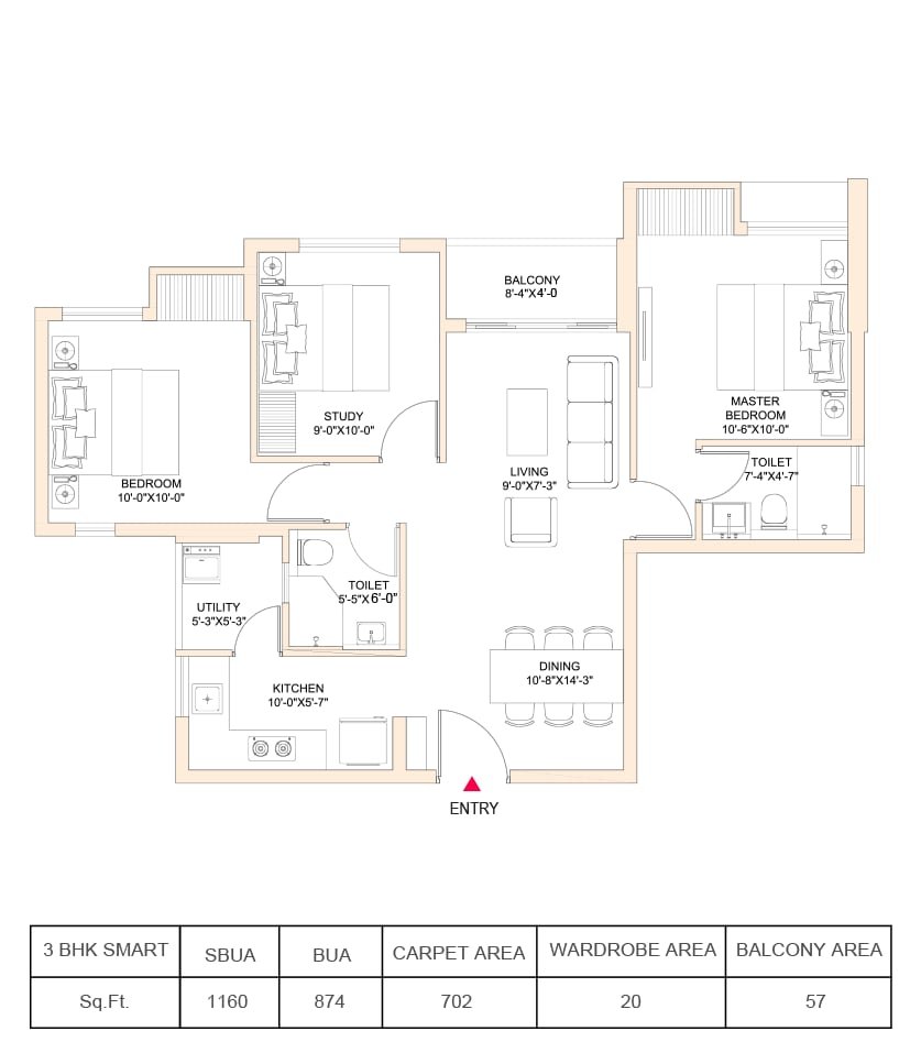 3 BHK floor plan, DTC Still Waters