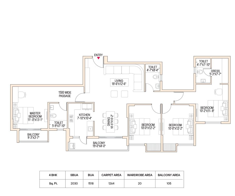 4 BHK floor plan, DTC Still Waters