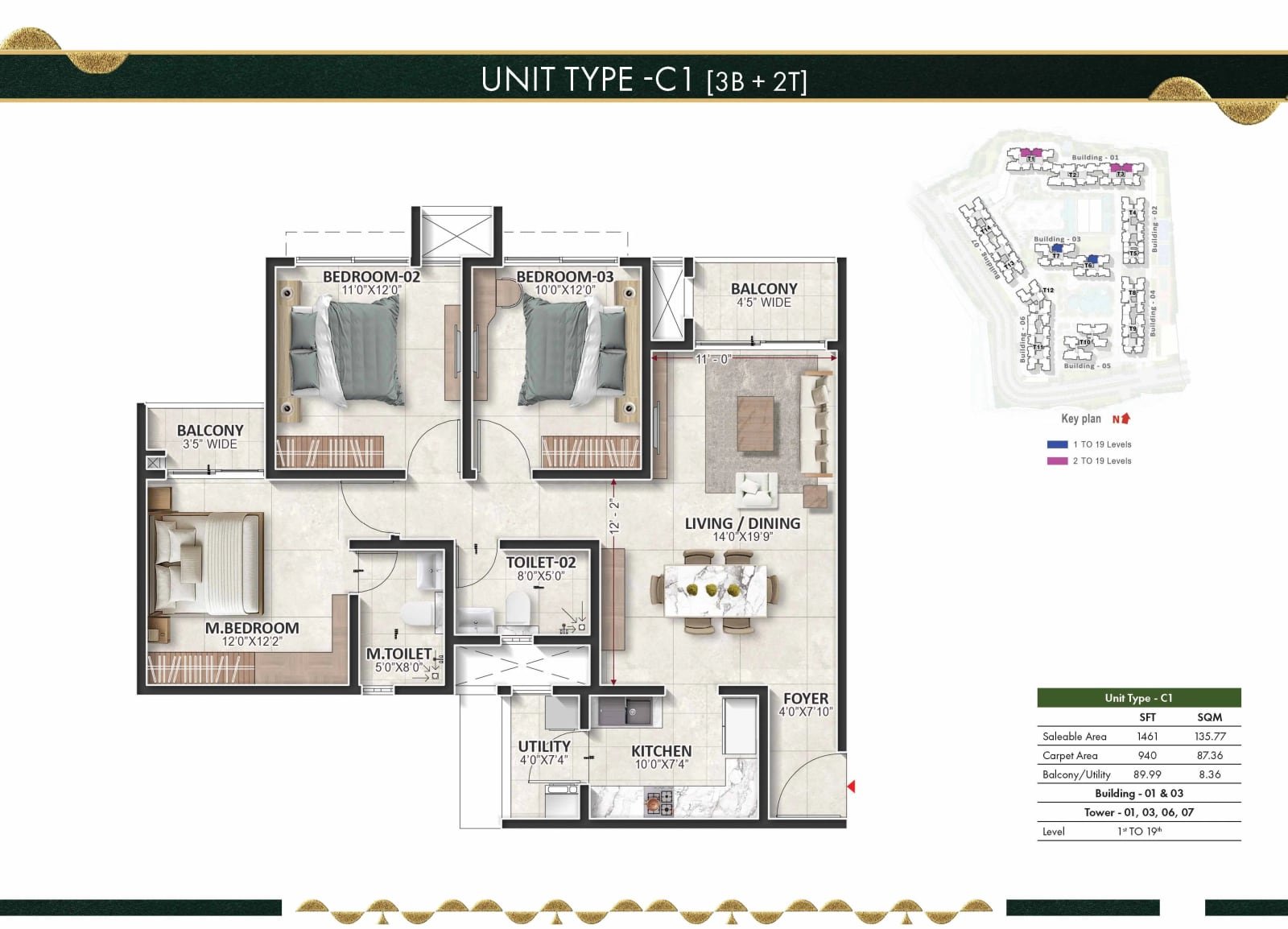 3 BHK floor plan, Evergreen @ Prestige Raintree Park
