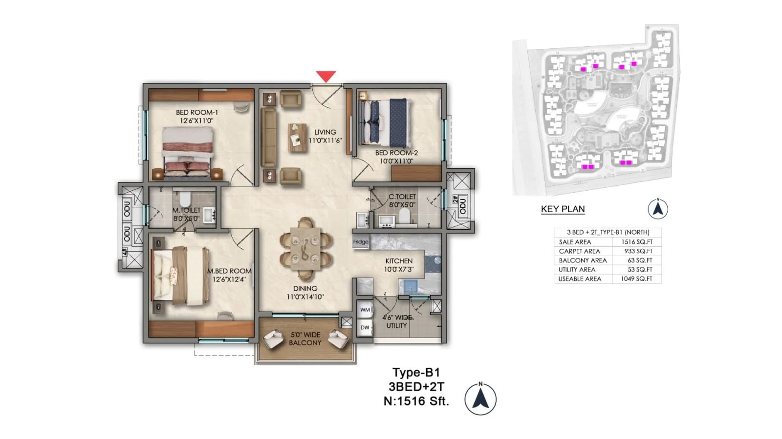 3 BHK floor plan, Prestige Golden Grove