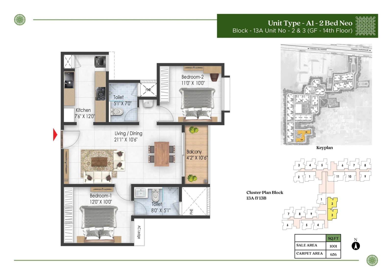 2 BHK floor plan, Prestige Pallavaram Gardens