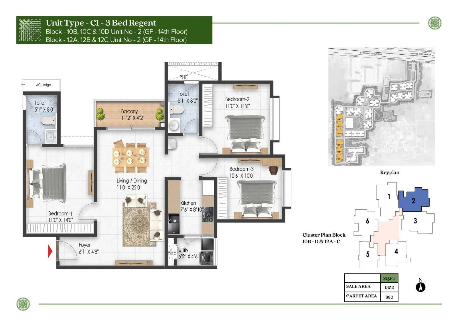 3 BHK floor plan, Prestige Pallavaram Gardens