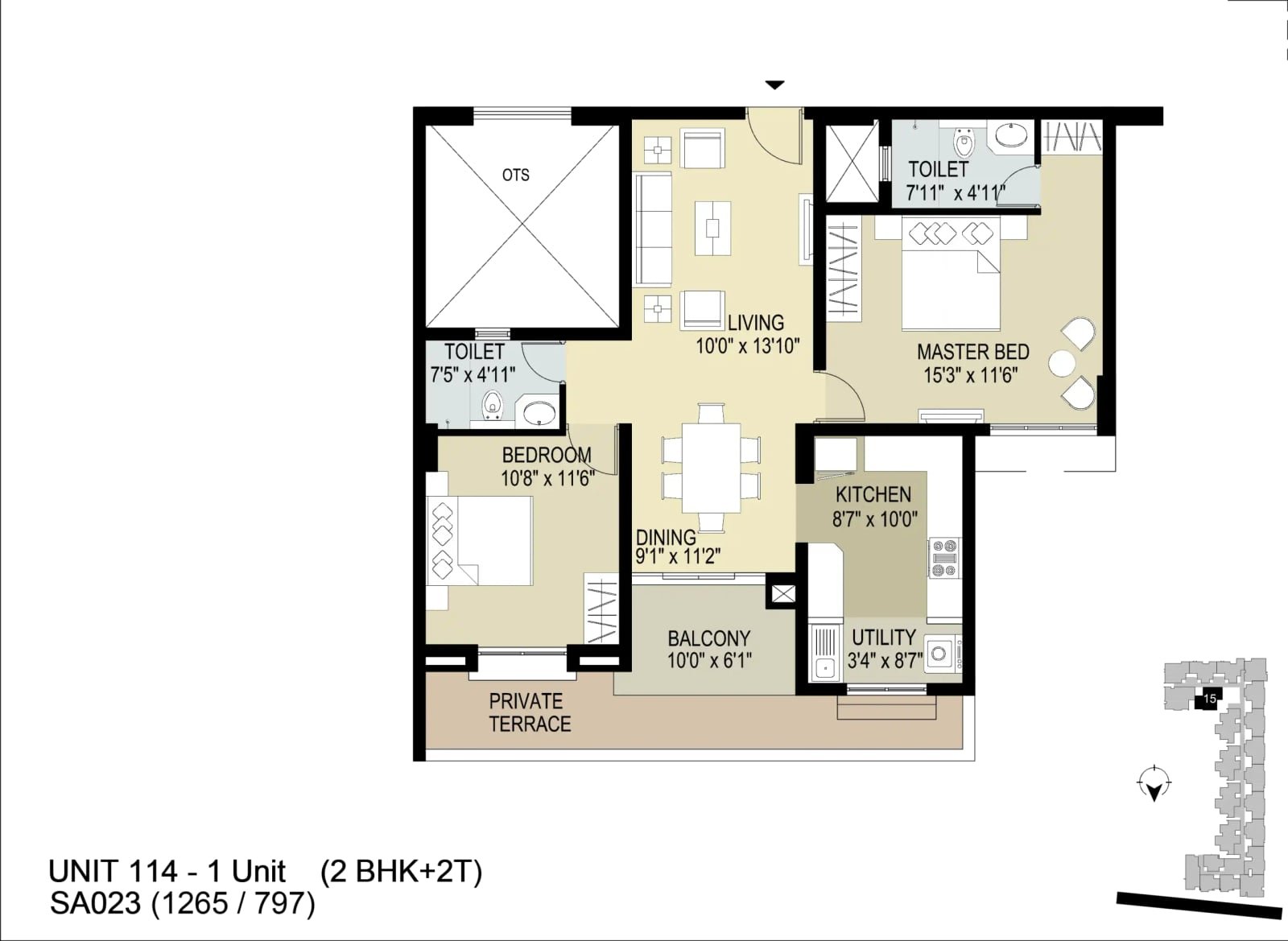 2 BHK floor plan, TVS Emerald LightHouse