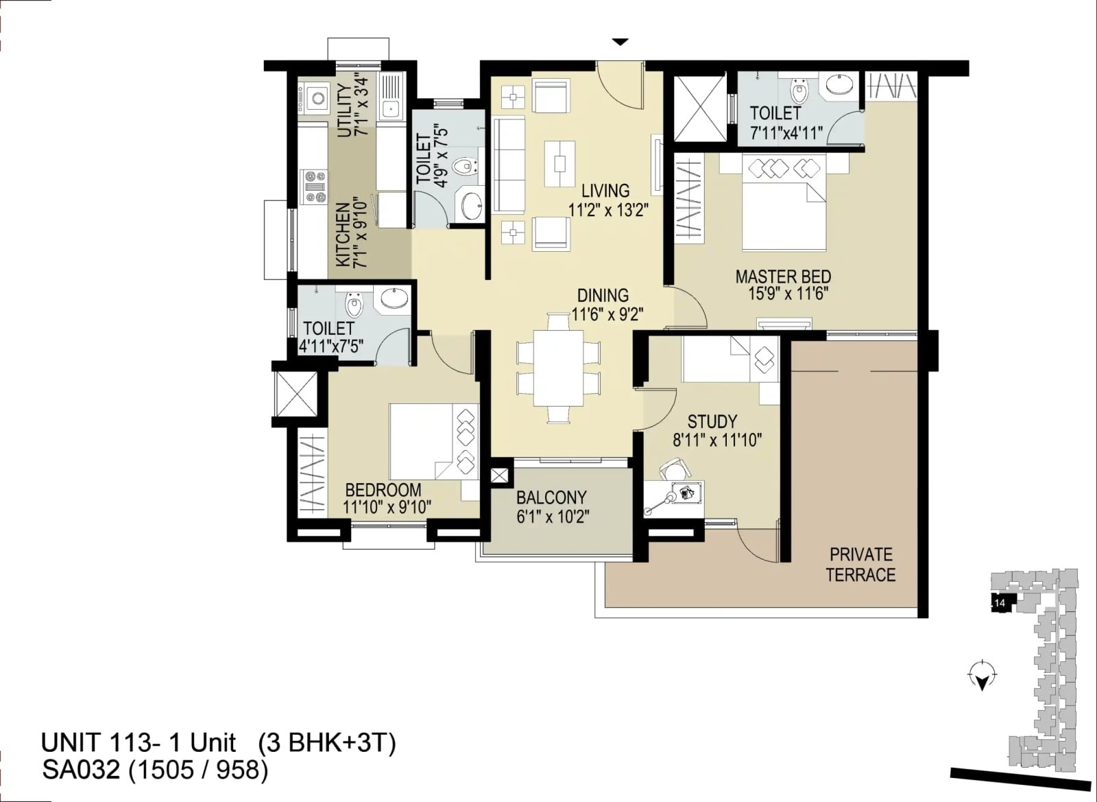 3 BHK floor plan, TVS Emerald LightHouse