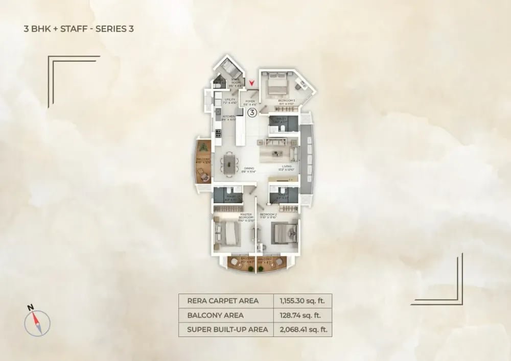 3 BHK + Staff floor plan, Purva Star Reach